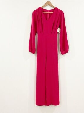 Vintage Hot Pink Long Sleeve V-Neck Jumpsuit